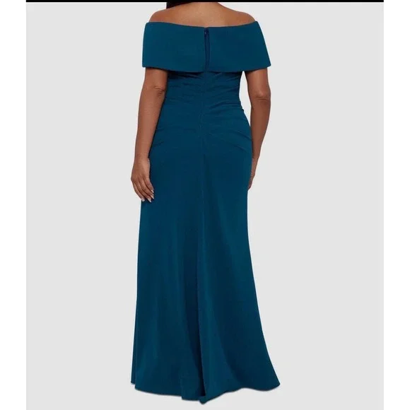 Betsy & Adam Womens Azure Off Shoulder Ruched Maxi Gown A25252W Teal 16W - Picture 2 of 6